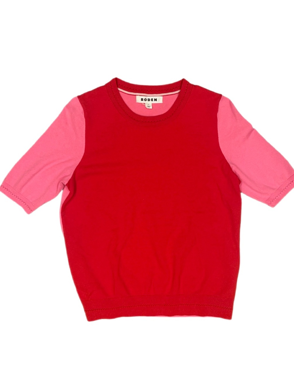Boden Emilia Colour Block Knit Top Small Red Pink Cotton Blend Short Sleeve